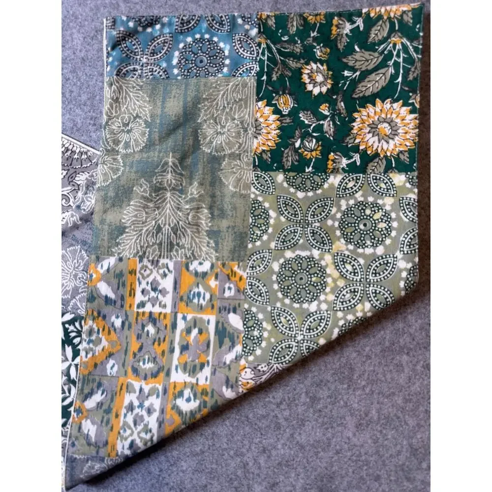 Patchwork Boho Table Runner 12.5x72 Green Gray Mustard Floral Cotton